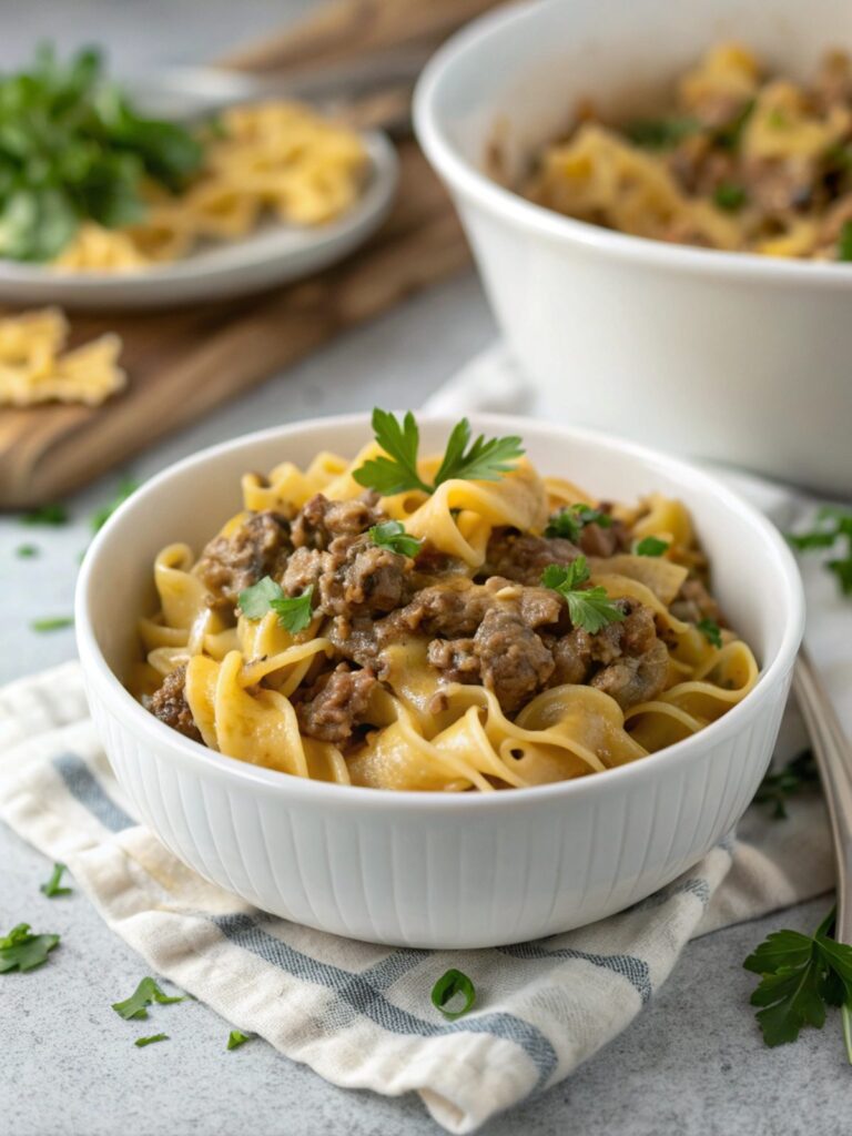 Hero shot of the ground beef stroganoff recipe served in a bowl with garnish.