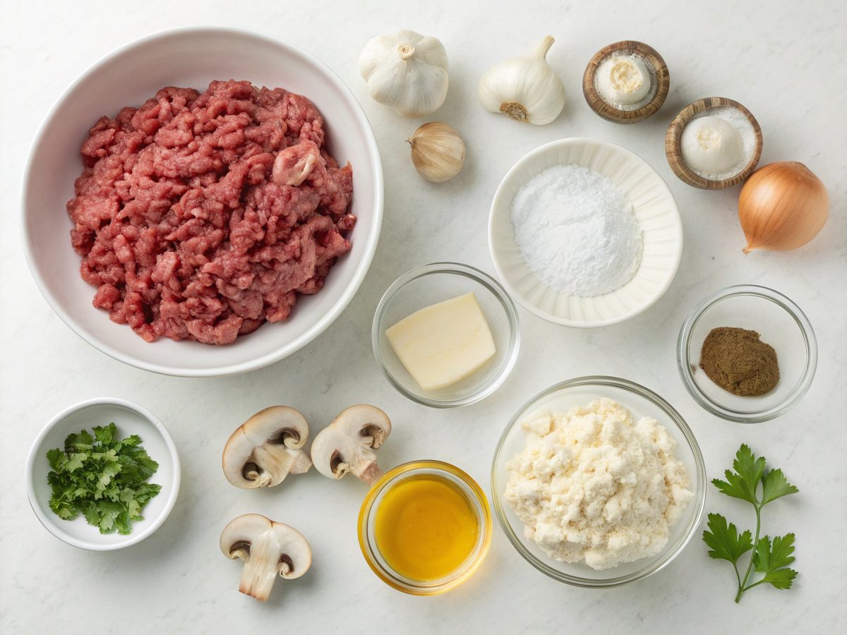 Ingredients for ground beef stroganoff recipe laid out on a white counter.