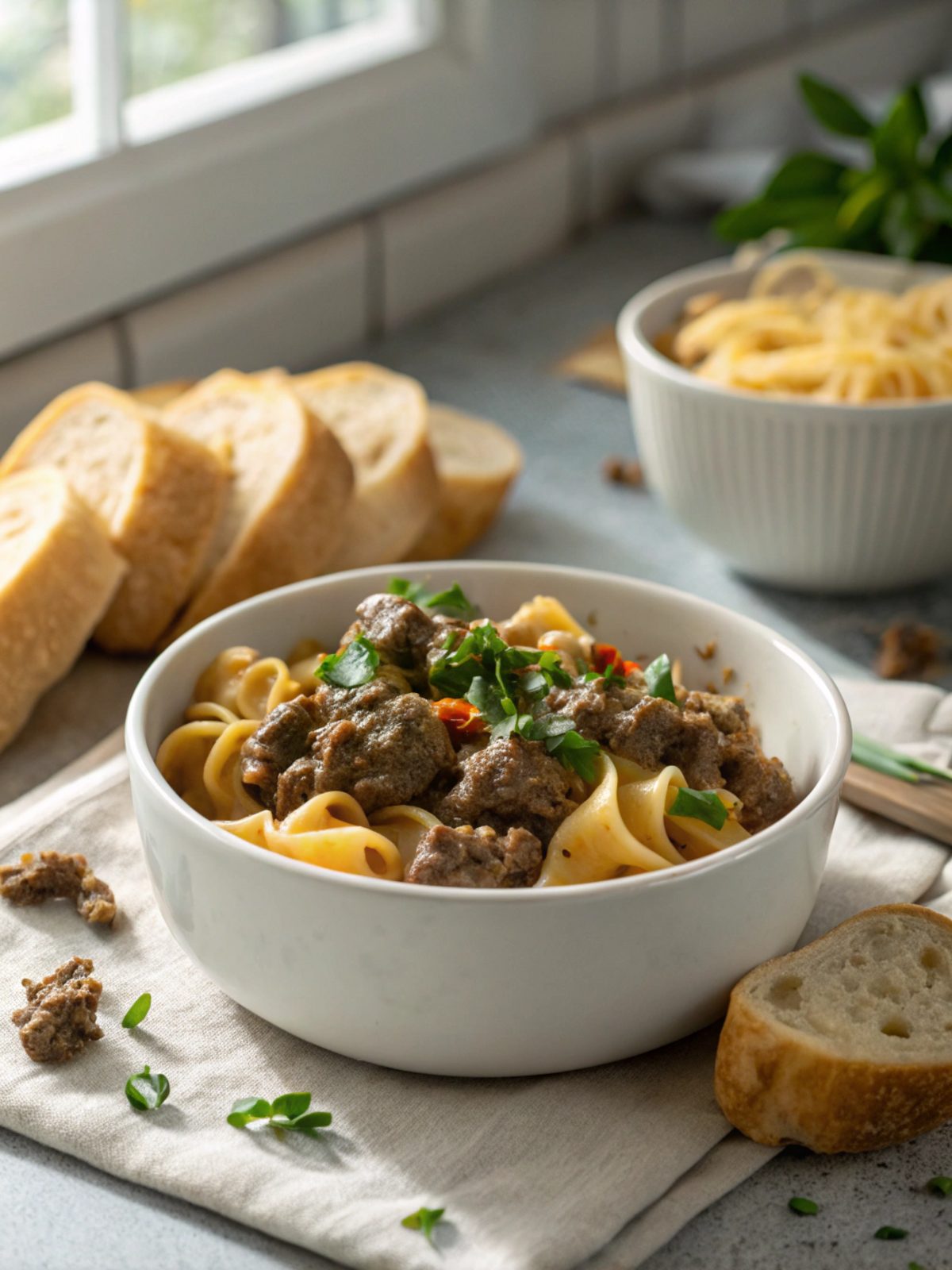 A delicious close-up of Ground Beef Stroganoff Recipe served in a white bowl.