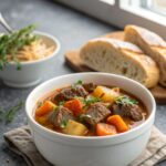Delicious old-fashioned beef stew in a white bowl with fresh garnishes