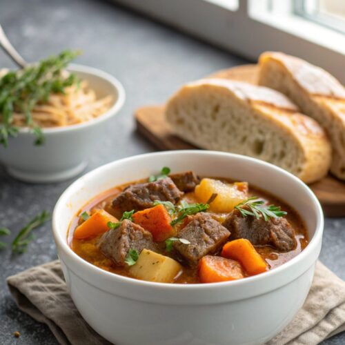 Delicious old-fashioned beef stew in a white bowl with fresh garnishes