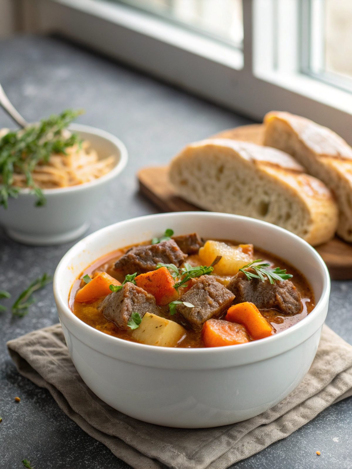 Delicious old-fashioned beef stew in a white bowl with fresh garnishes