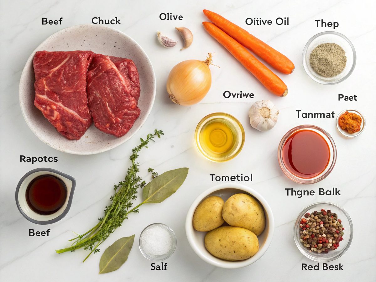 A flat lay of all ingredients for an easy beef stew recipe arranged on a counter.