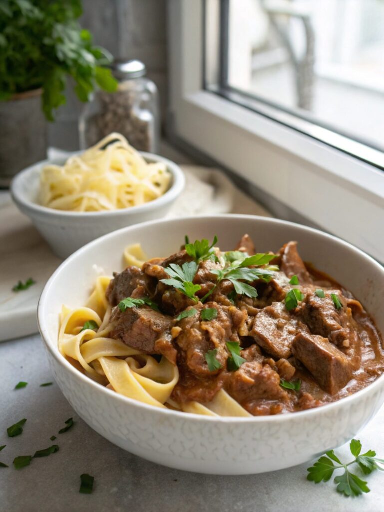 Close-up of creamy homemade beef stroganoff served in a white bowl.