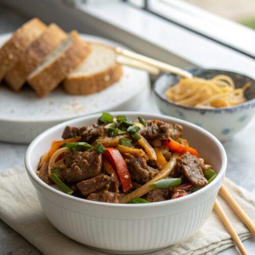 A beautifully arranged Honey Garlic Beef Stir Fry in a serving bowl