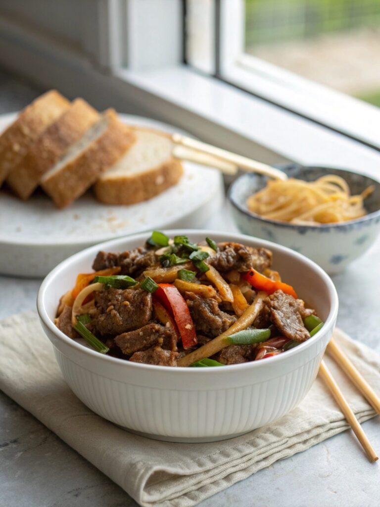 A beautifully arranged Honey Garlic Beef Stir Fry in a serving bowl