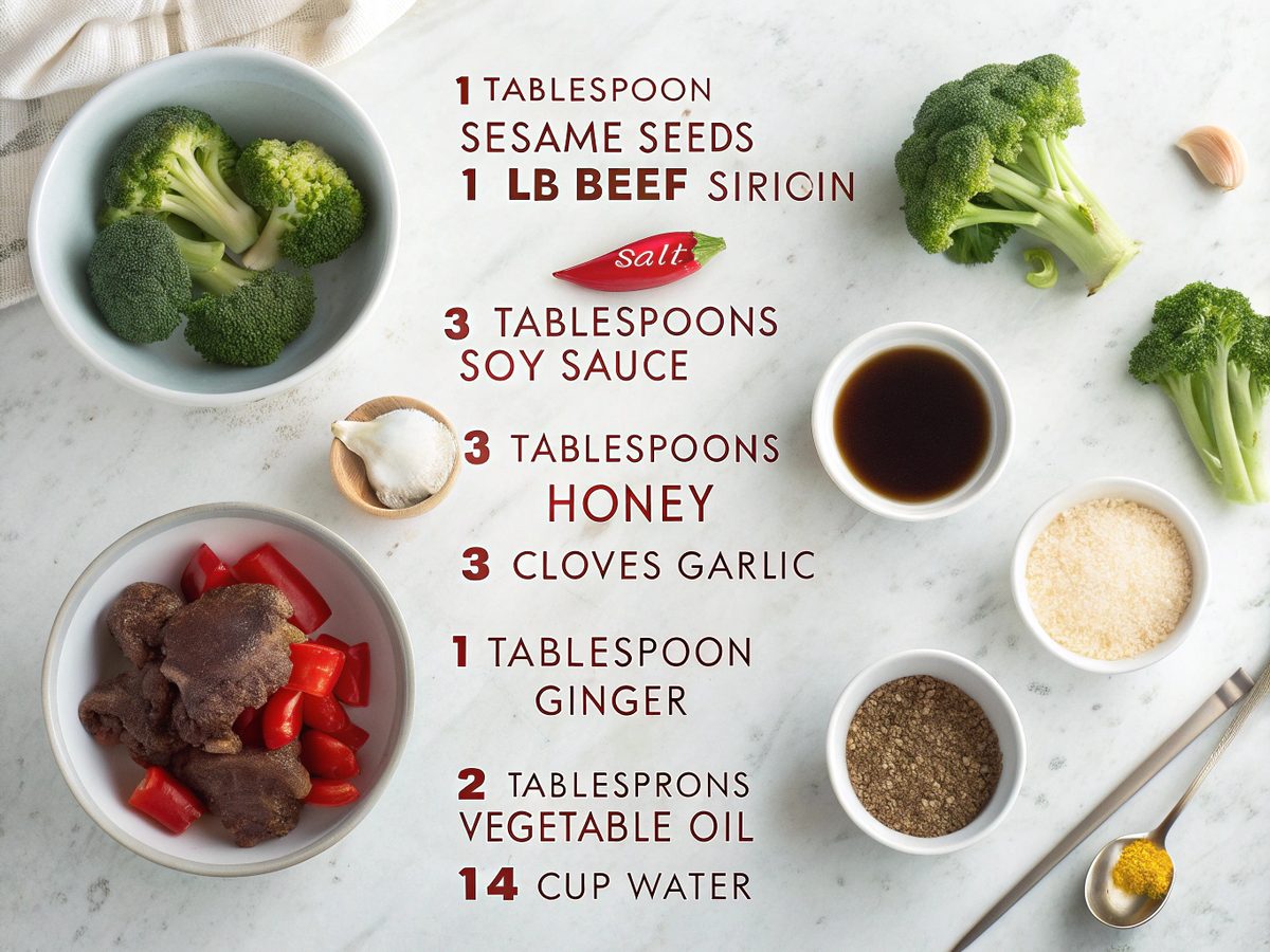All the ingredients laid out for Honey Garlic Beef Stir Fry