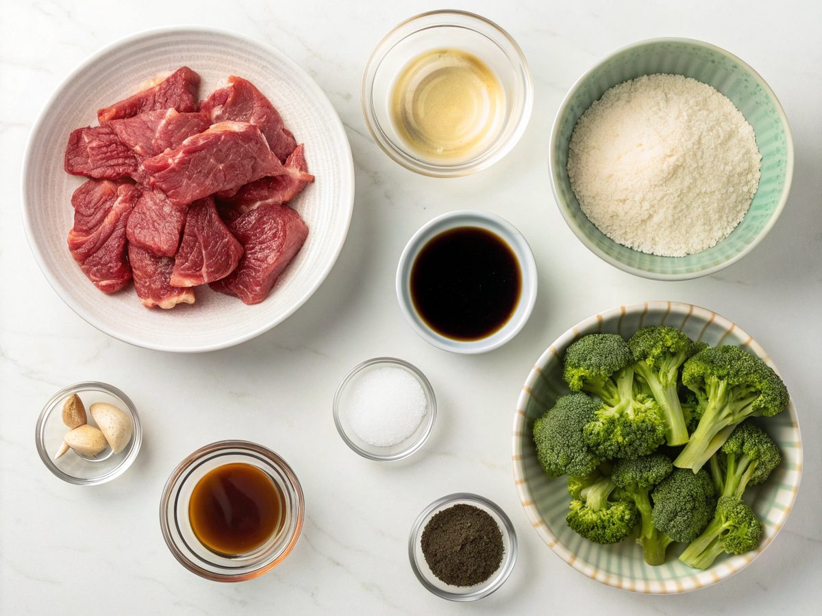 Ingredients for Beef and Broccoli Stir Fry laid out in the kitchen