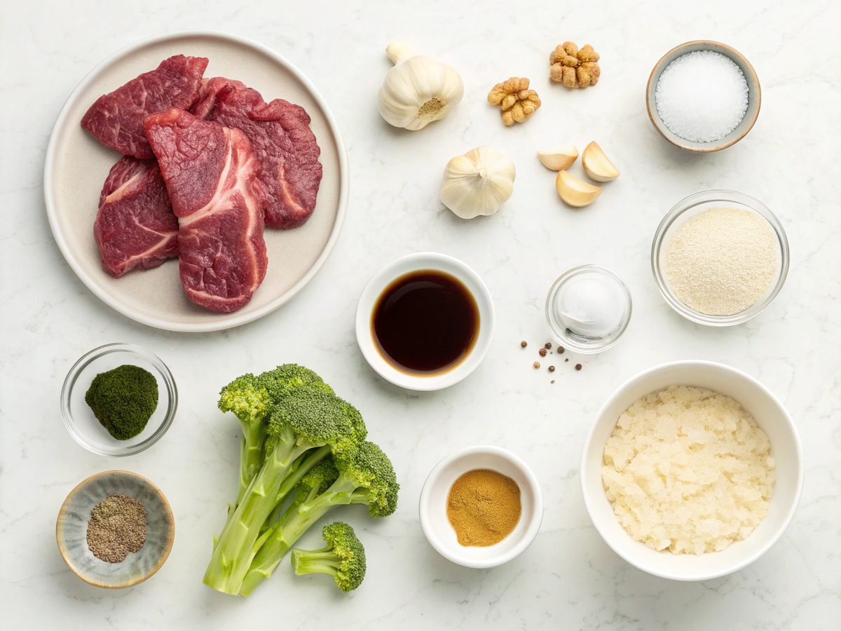 Flat lay of ingredients for Beef Broccoli Dinner Recipe