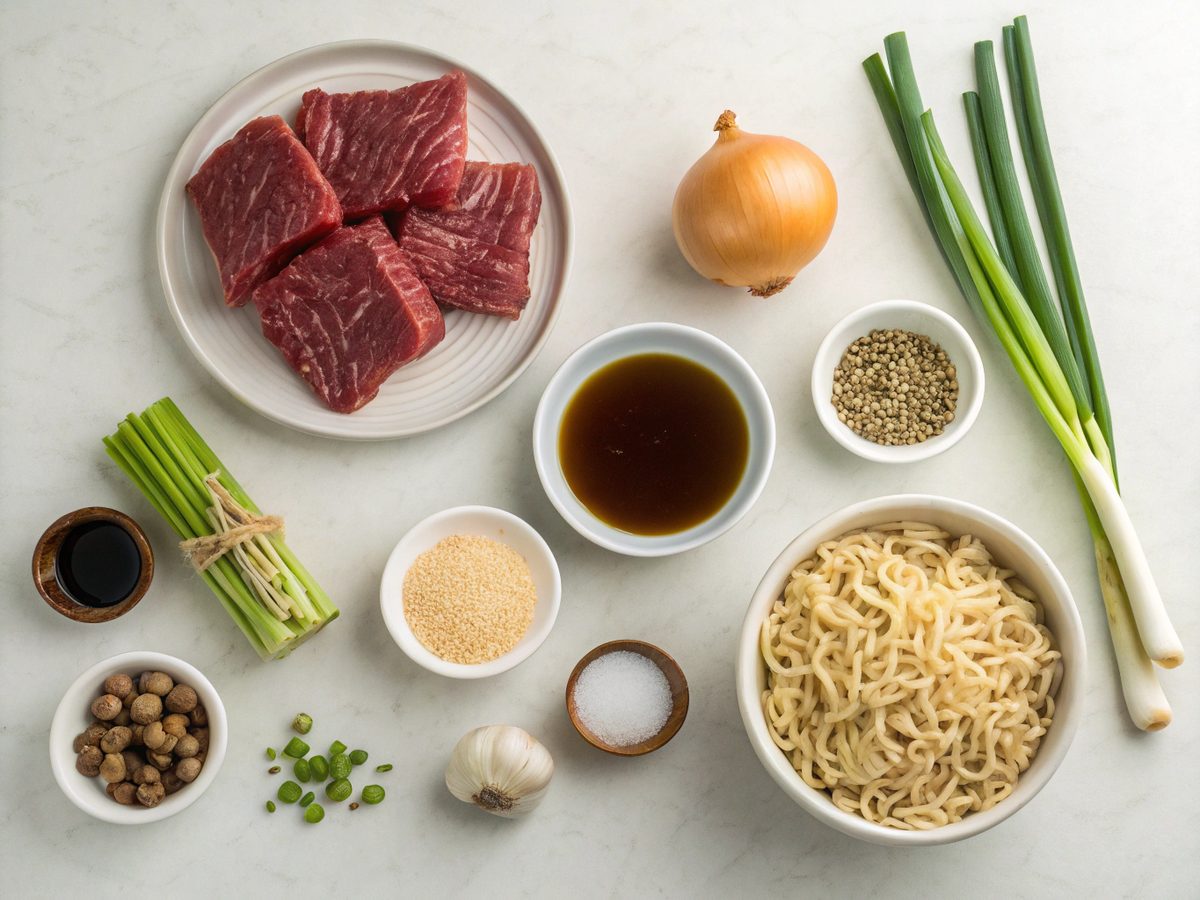 Overview of ingredients for making beef ramen noodles recipe