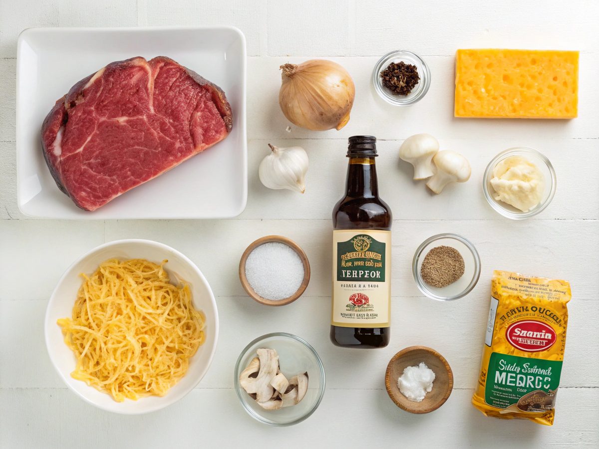Visual display of ingredients for cheesy beef stroganoff recipe.