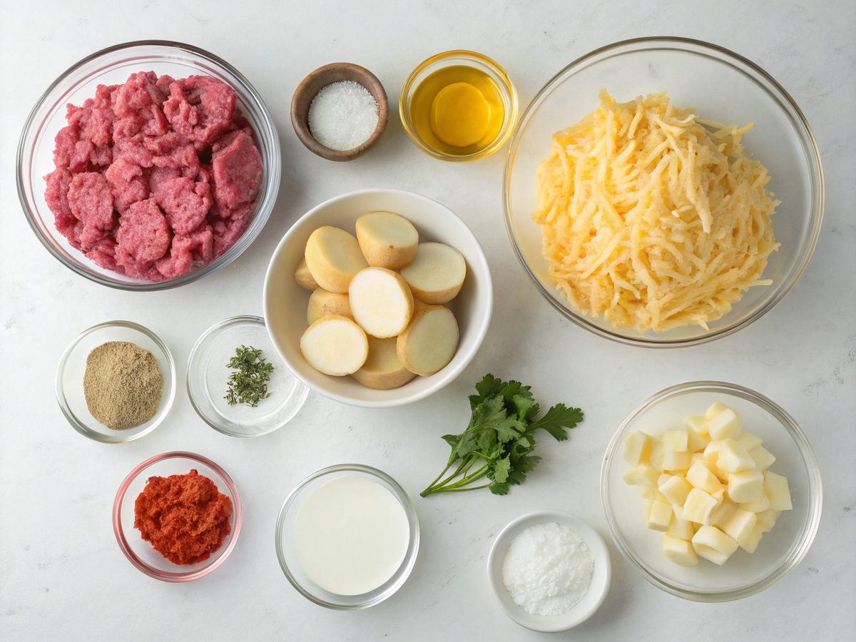 Cooking ingredients for cheesy ground beef potato casserole including beef, potatoes, and cheese.