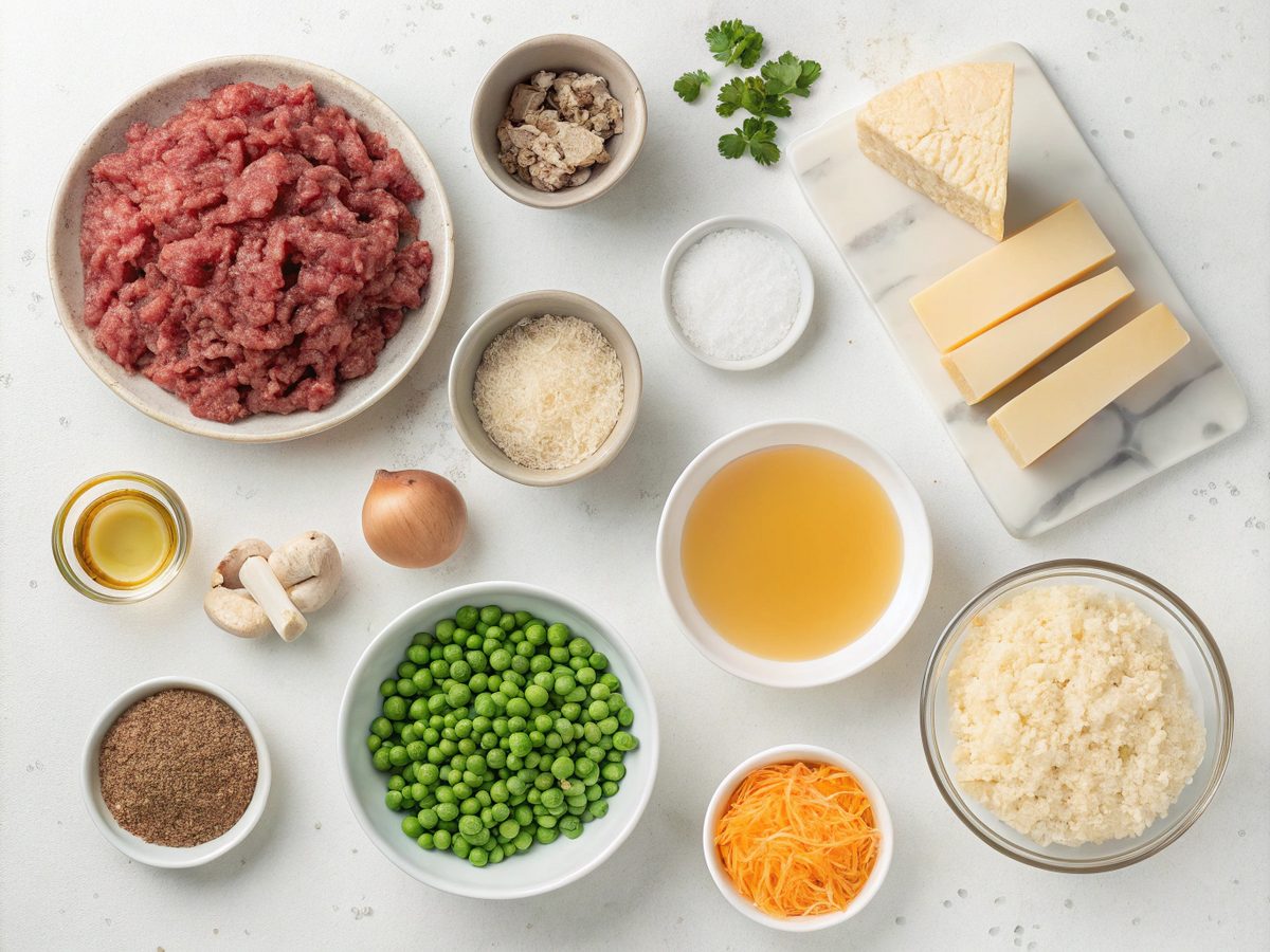 Image showcasing ingredients for a Cheesy Ground Beef Rice Casserole