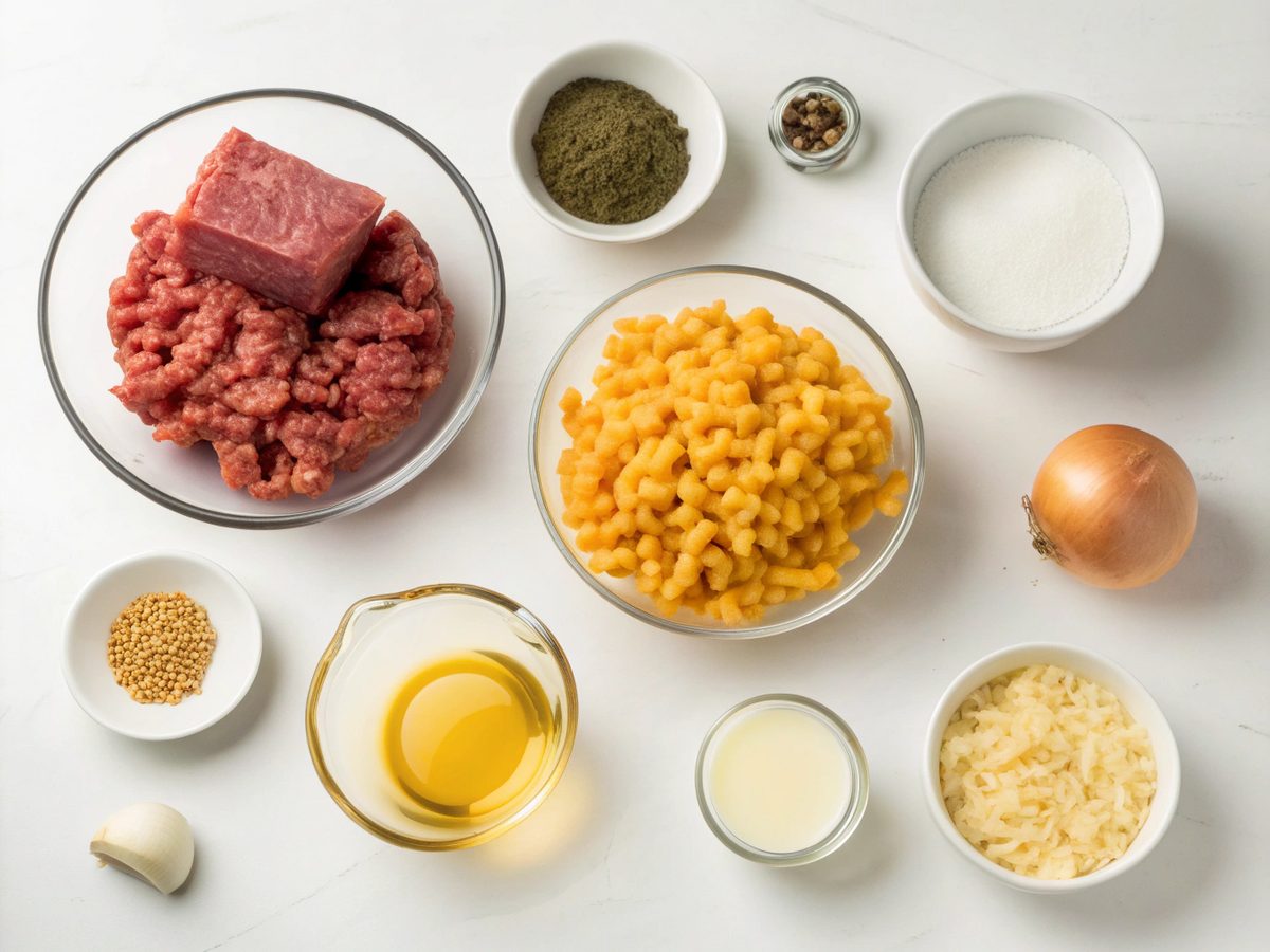 Ingredients for making Cheesy Hamburger Helper Pasta including beef, pasta, cheese, and more.