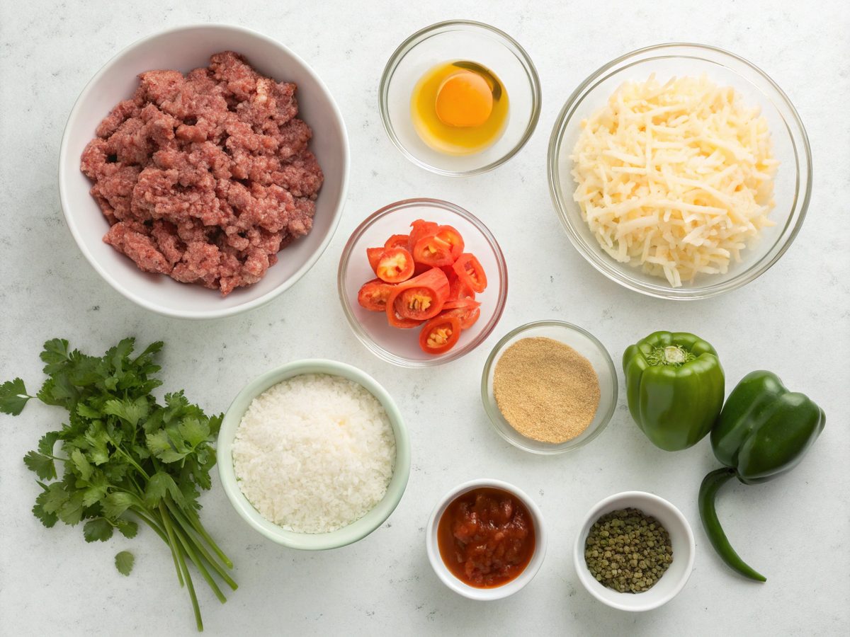 Visual of ingredients needed for cheesy taco rice skillet recipe.