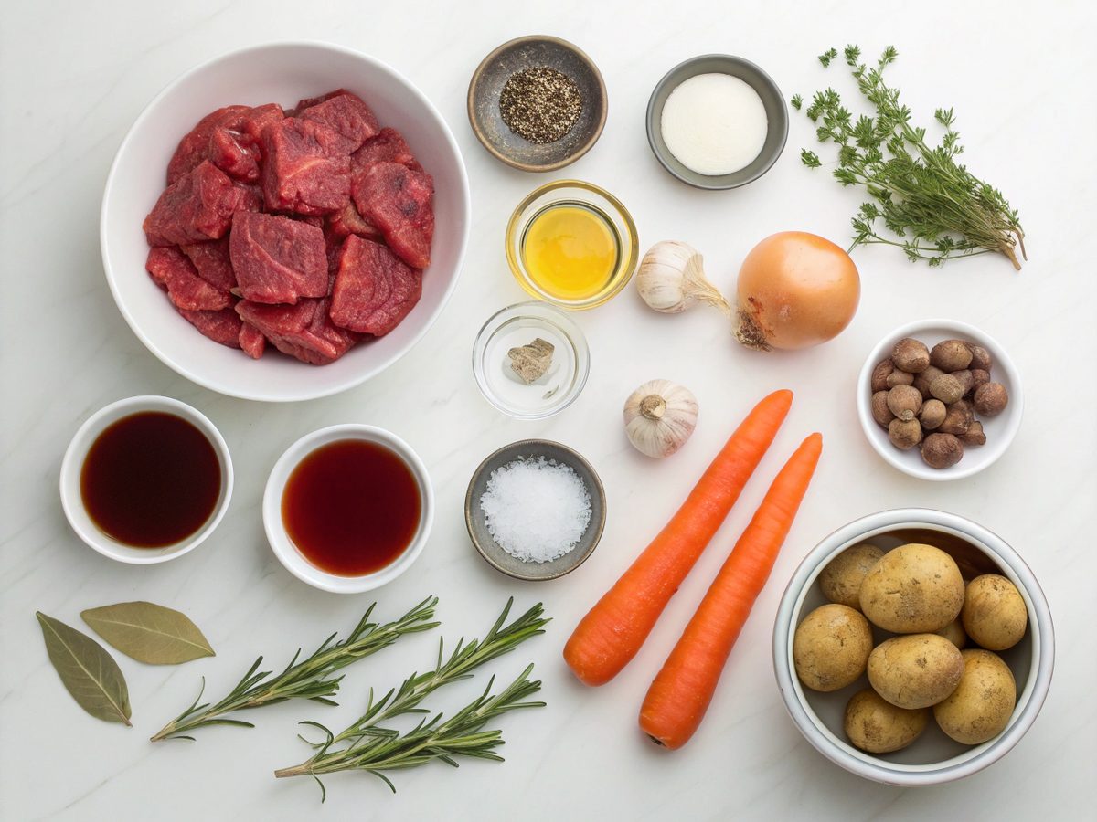 Ingredients display for classic beef stew with red wine