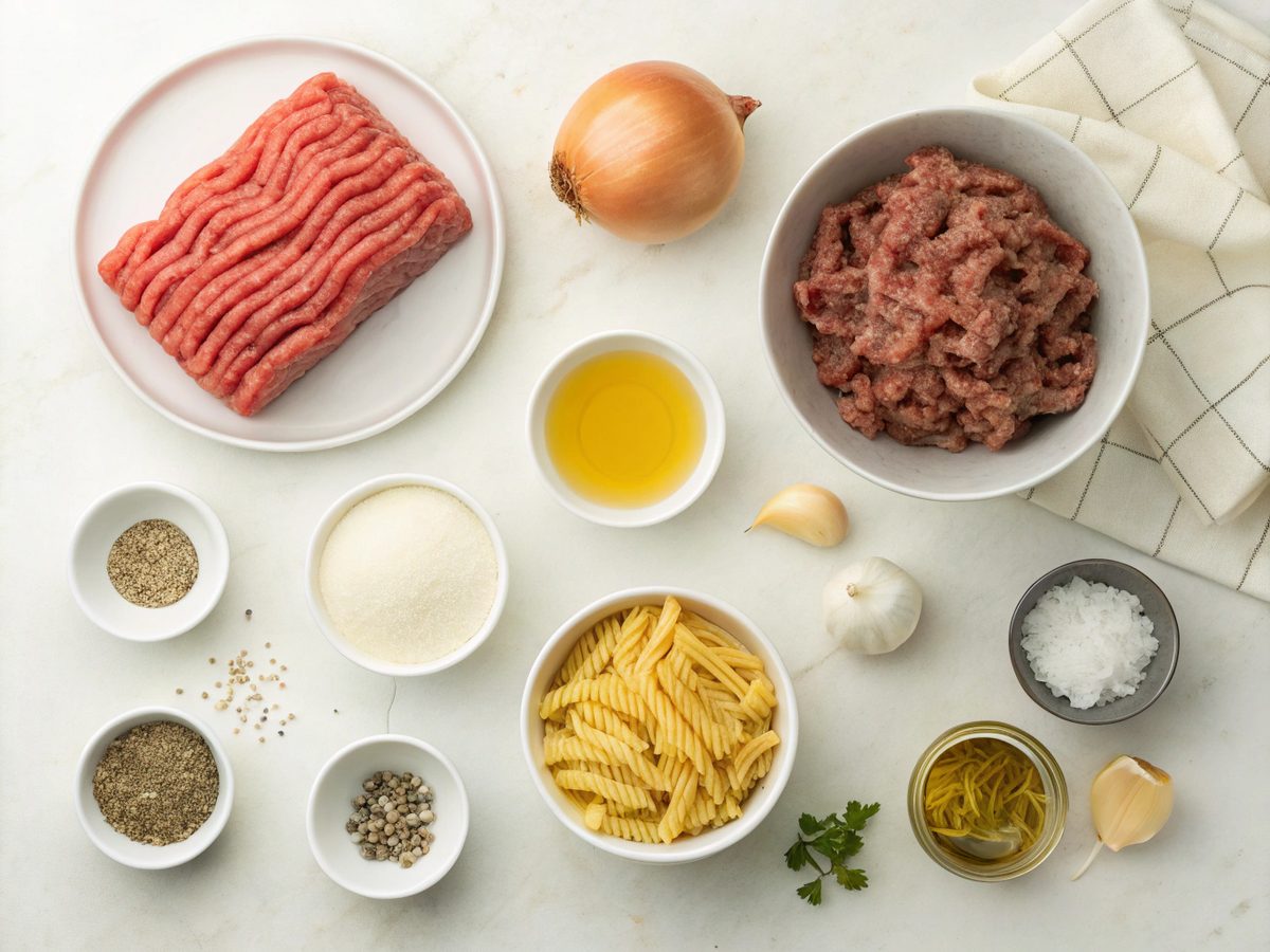Ingredients for creamy beef pasta displayed on a kitchen counter