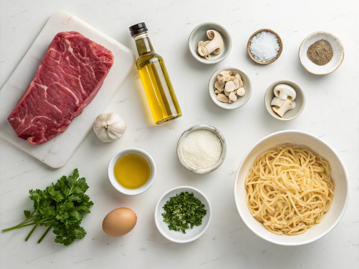 Flat lay of ingredients for creamy beef stroganoff recipe