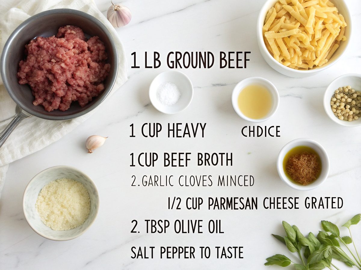 Flat lay of ingredients used in creamy ground beef pasta recipe