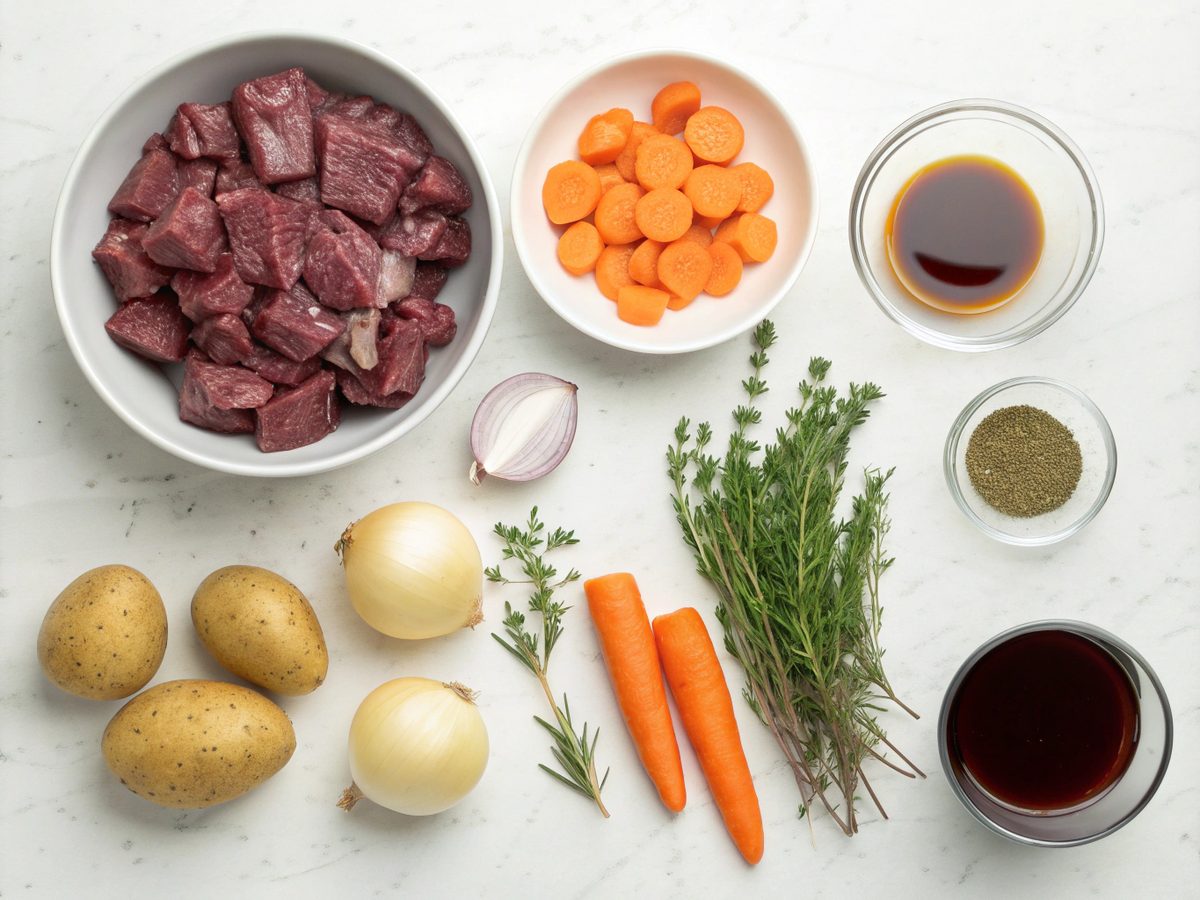 Ingredients for a creative stew meat recipe including stew meat, vegetables, and seasonings.