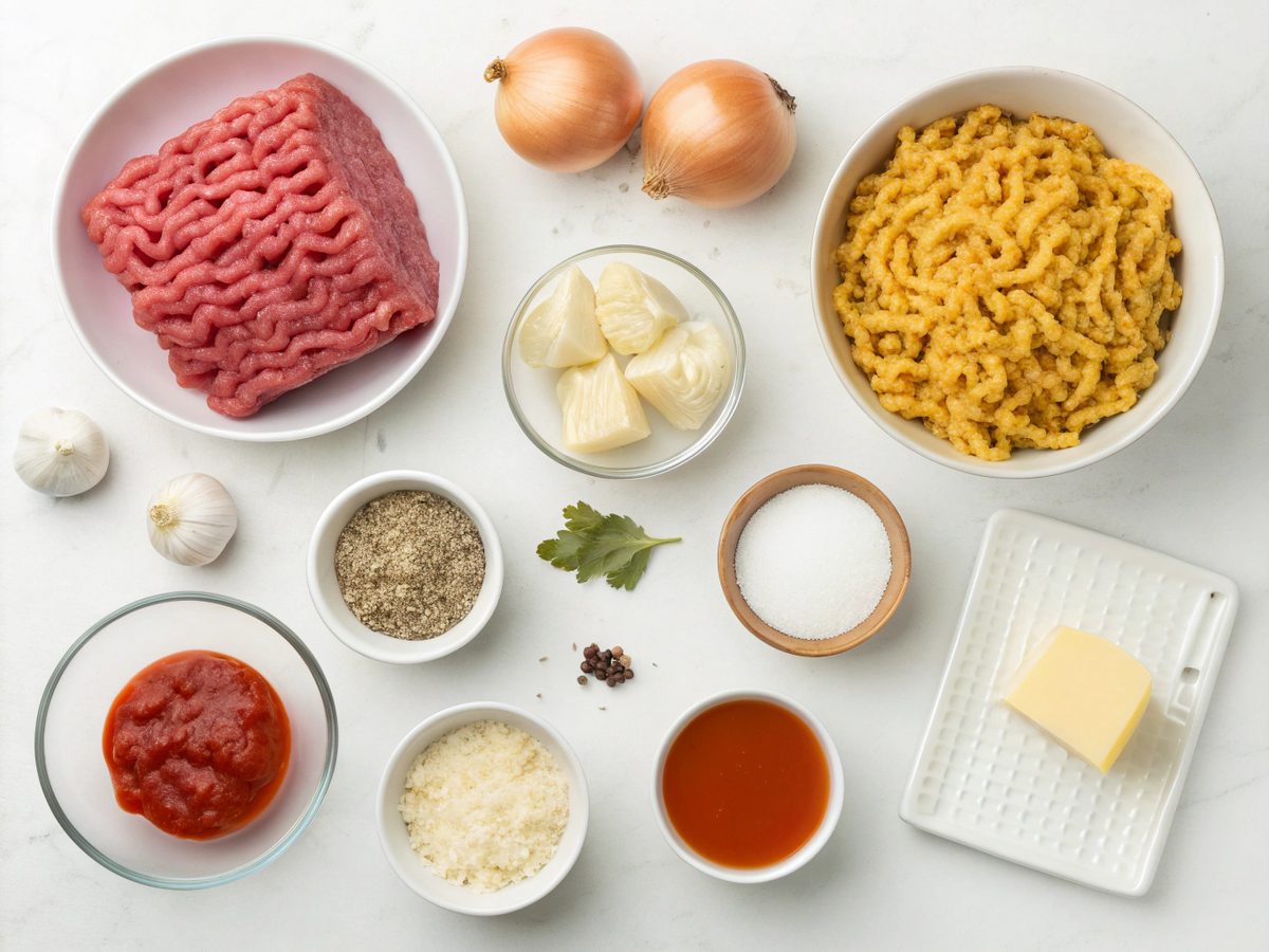 Ingredients laid out for making ground beef hamburger helper, showcasing beef, pasta, and seasonings.
