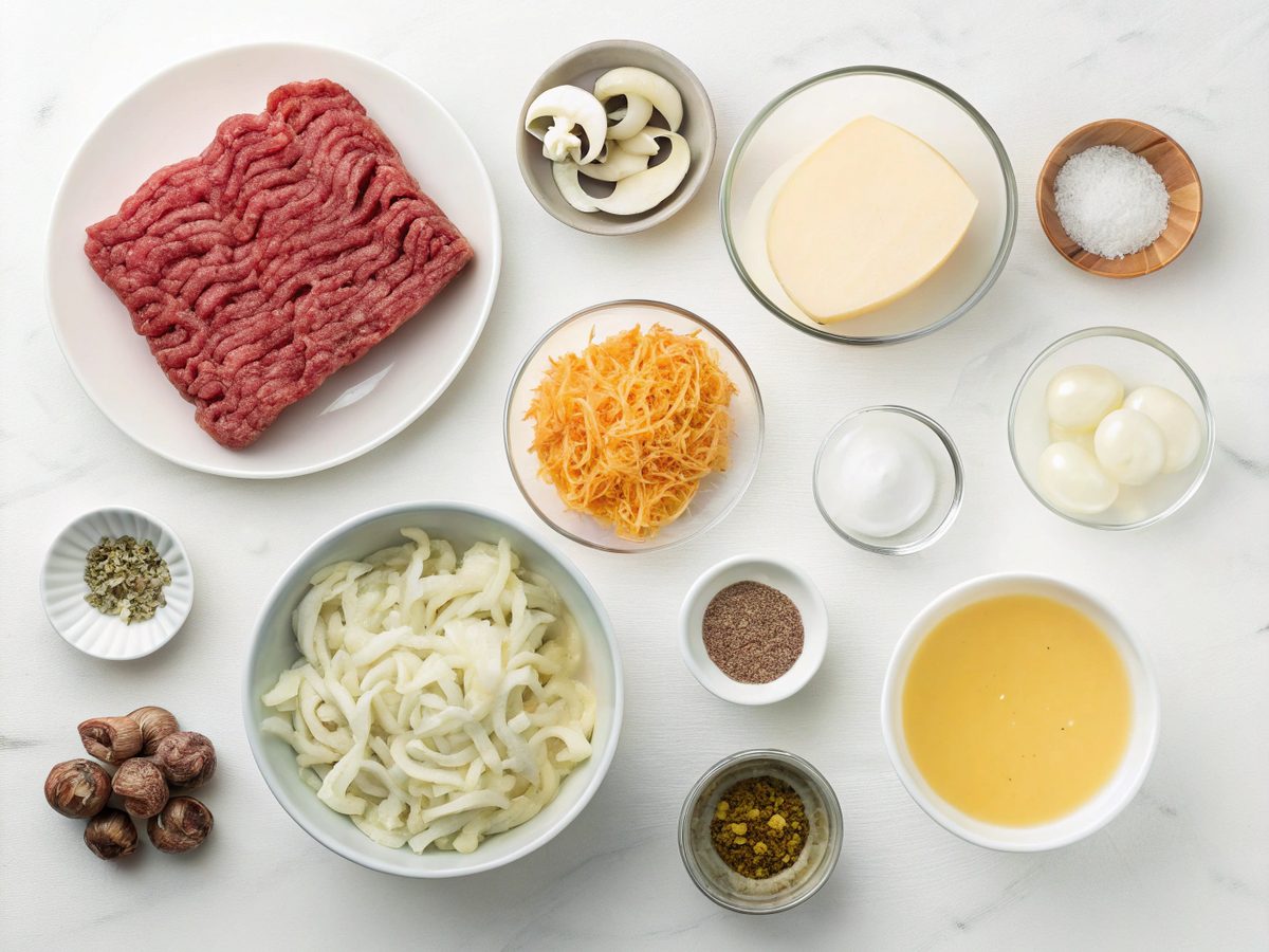 A flat lay of ingredients for French Onion Ground Beef Casserole showing beef, onions, garlic, cheese, soup, and seasonings