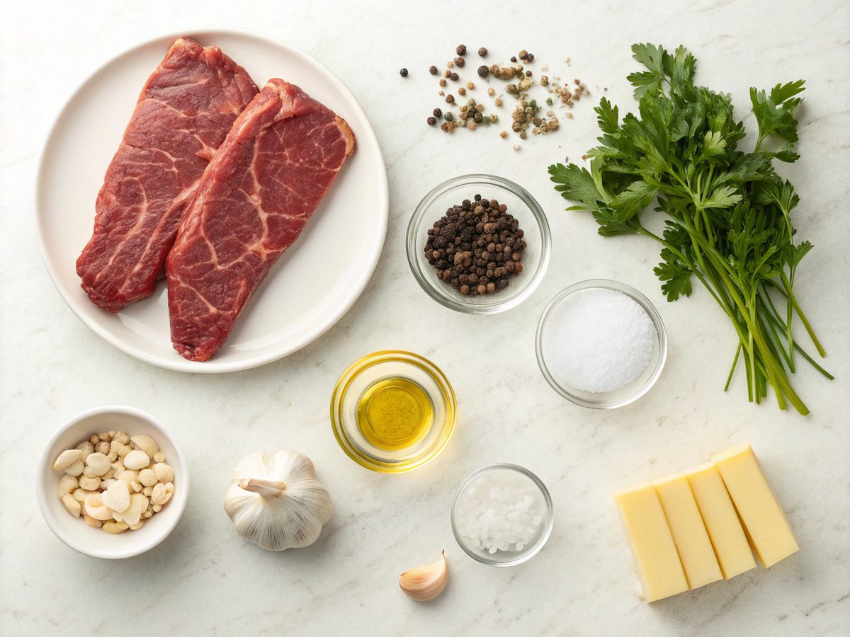 Ingredients for Garlic Butter Beef Rollups laid out on a kitchen counter