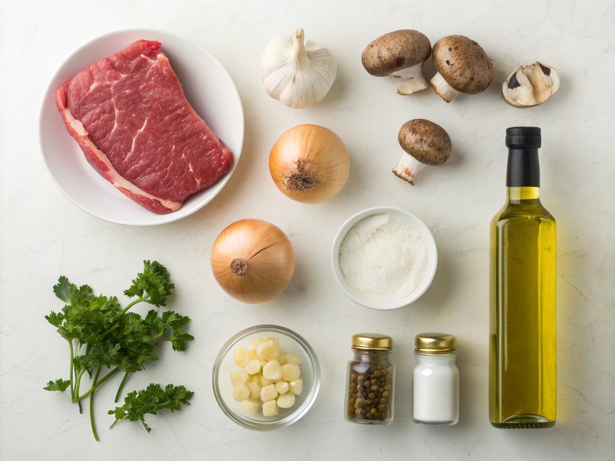 Flat lay of Gordon Ramsay Beef Stroganoff Recipe ingredients on a white counter