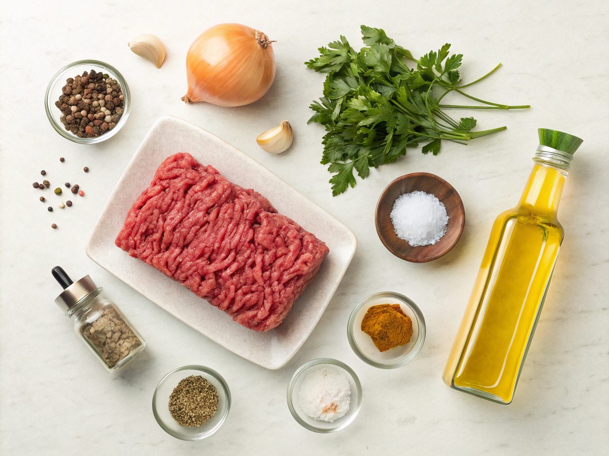 Ingredients for Ground Beef Kafta Kebabs laid out on a kitchen counter.