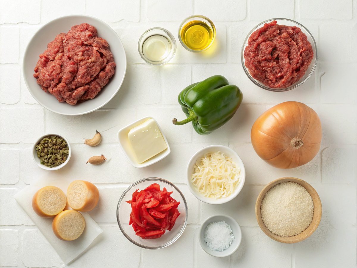 Visual display of ingredients used in ground beef philly cheesesteak recipe