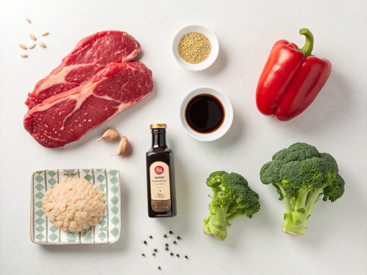 Flat lay of ingredients for Healthy Beef Broccoli Stir Fry