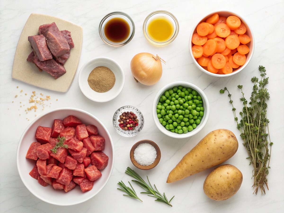 Ingredients for making hearty ground beef stew: beef, carrots, potatoes, peas, and seasonings.