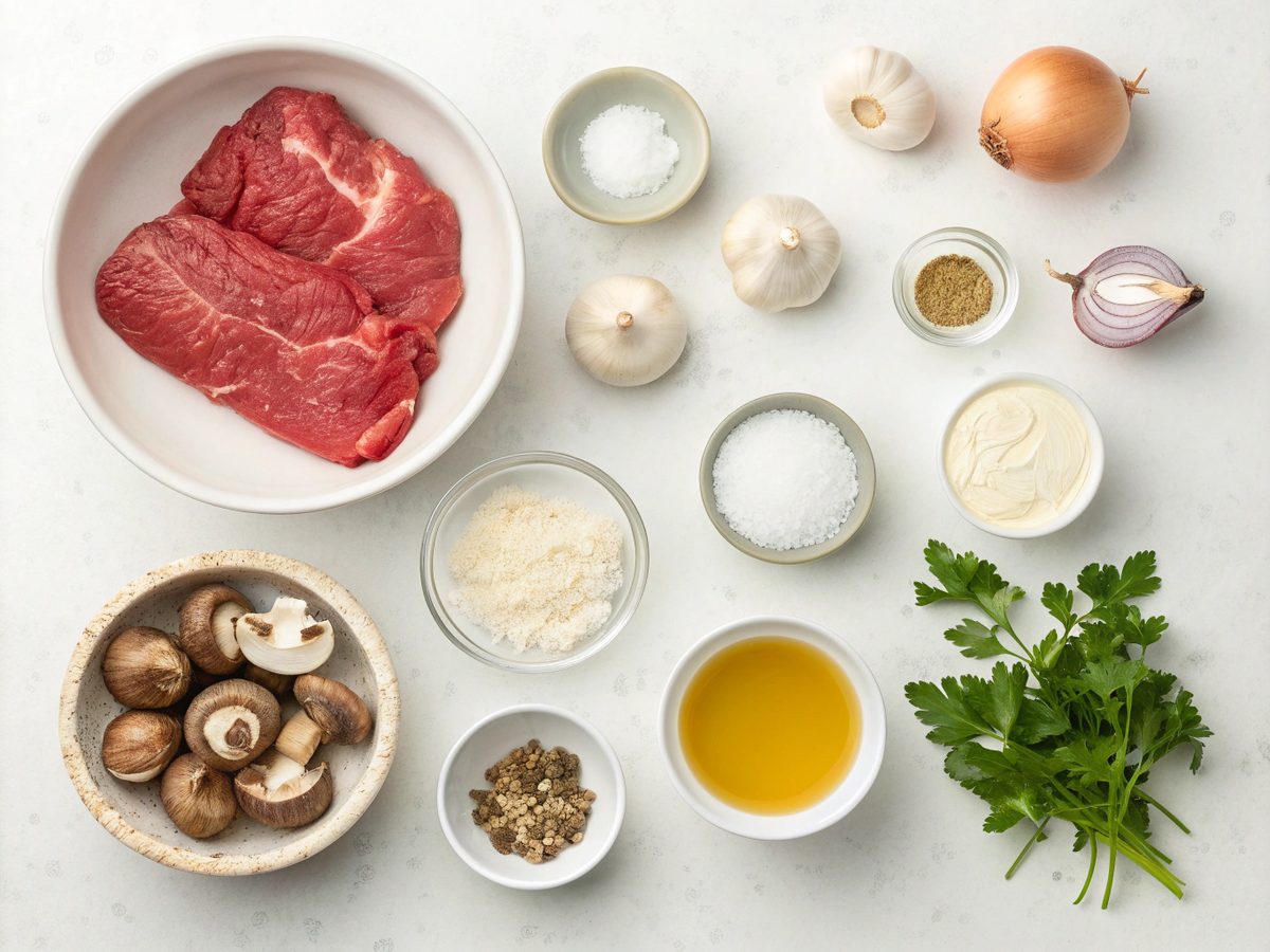 Ingredients for making homemade beef stroganoff including beef, mushrooms, and more.