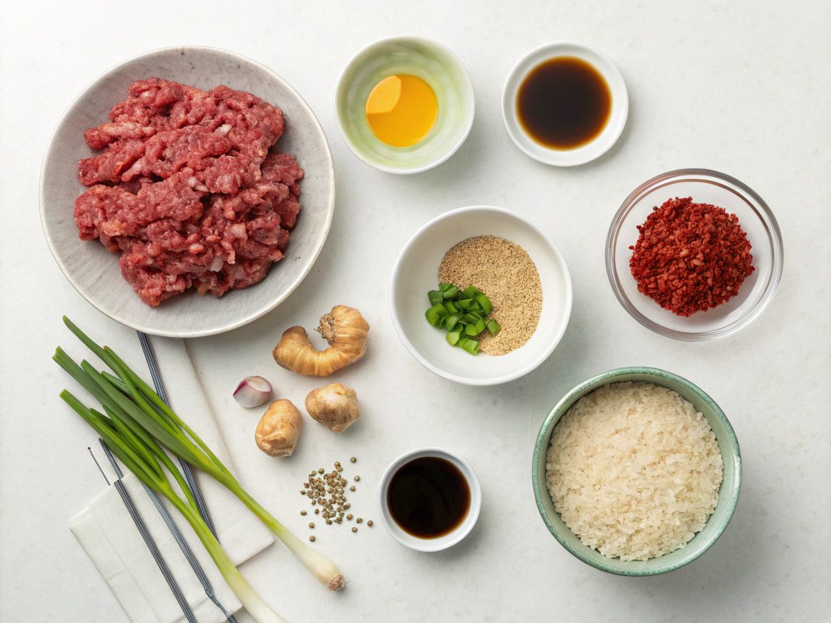 Ingredients for Korean Ground Beef Bowl laid out on a kitchen counter