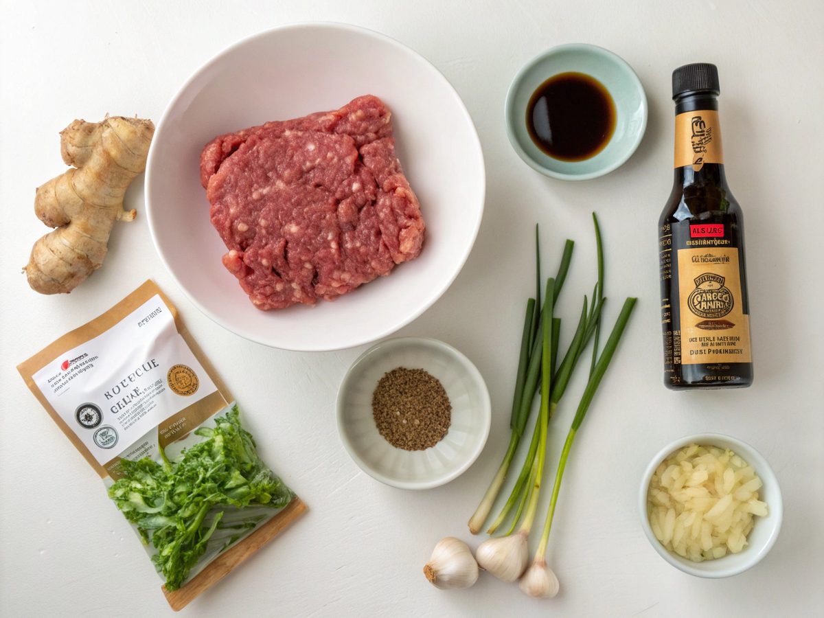 Flat lay of Korean Ground Beef Bowl ingredients on a kitchen counter.