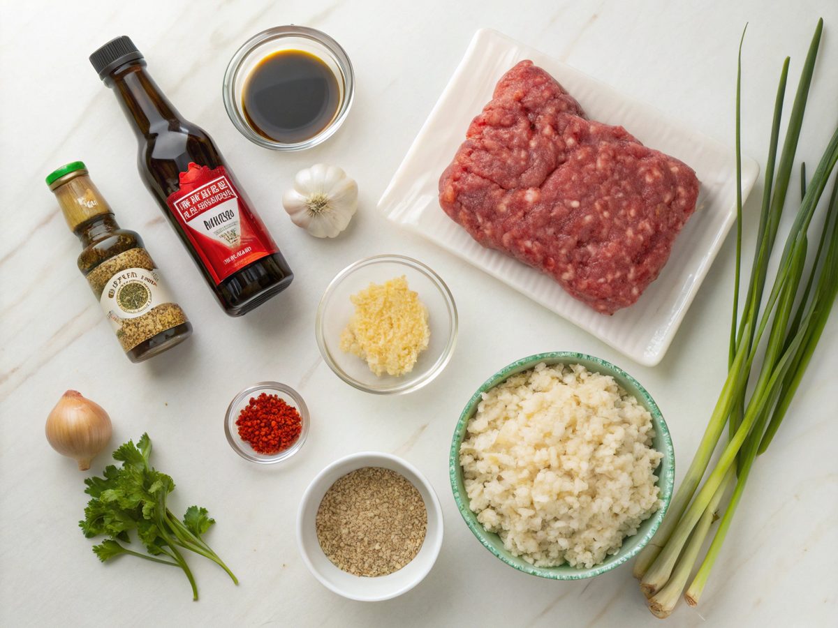 A top view of ingredients used in the Korean Ground Beef Bowl, including ground beef, soy sauce, garlic, and more.
