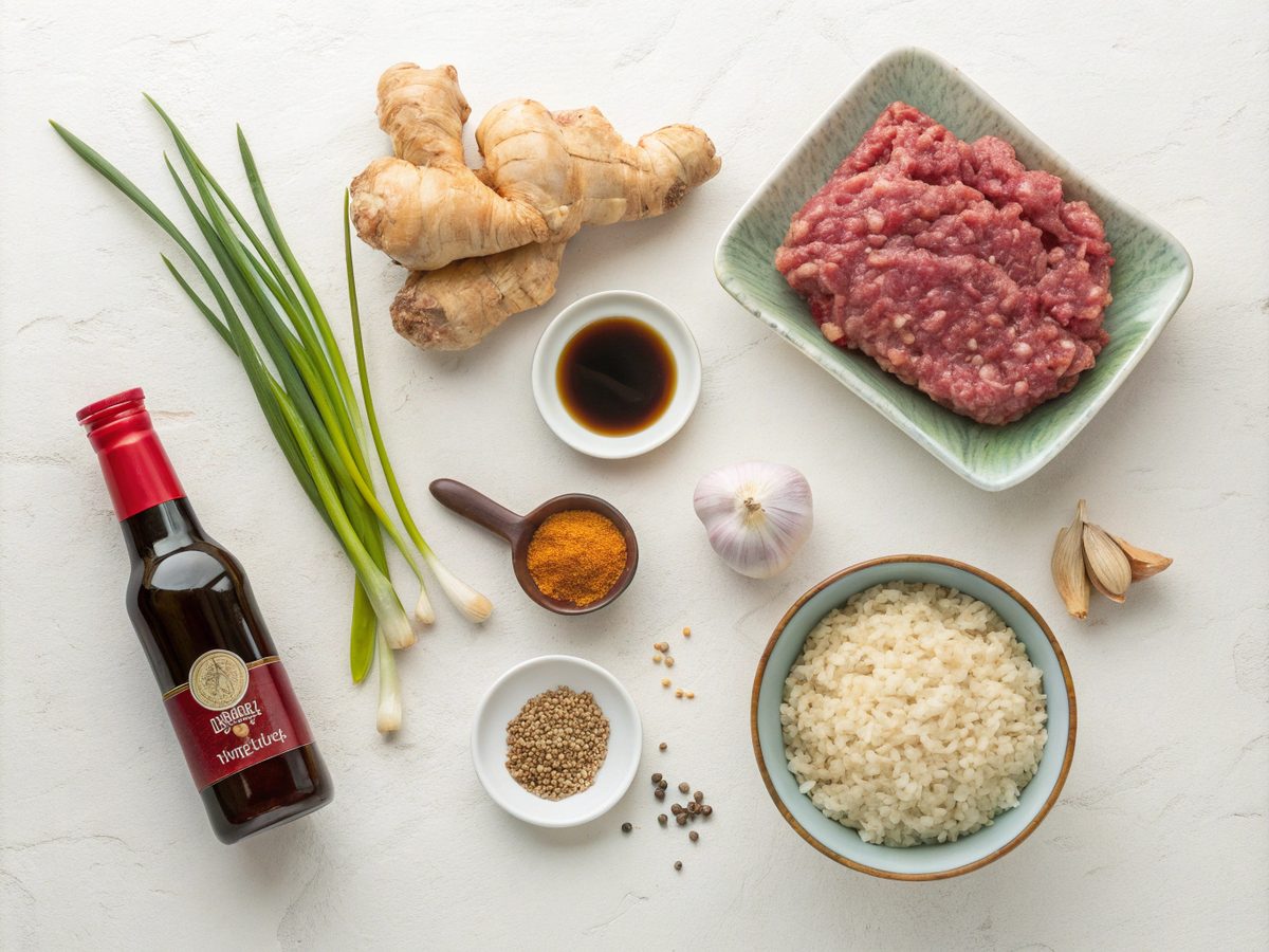 A clean flat lay image showing all the ingredients needed for Korean Ground Beef Bowl: ground beef, soy sauce, brown sugar, sesame oil, garlic, ginger, red pepper flakes, green onions, and white rice.