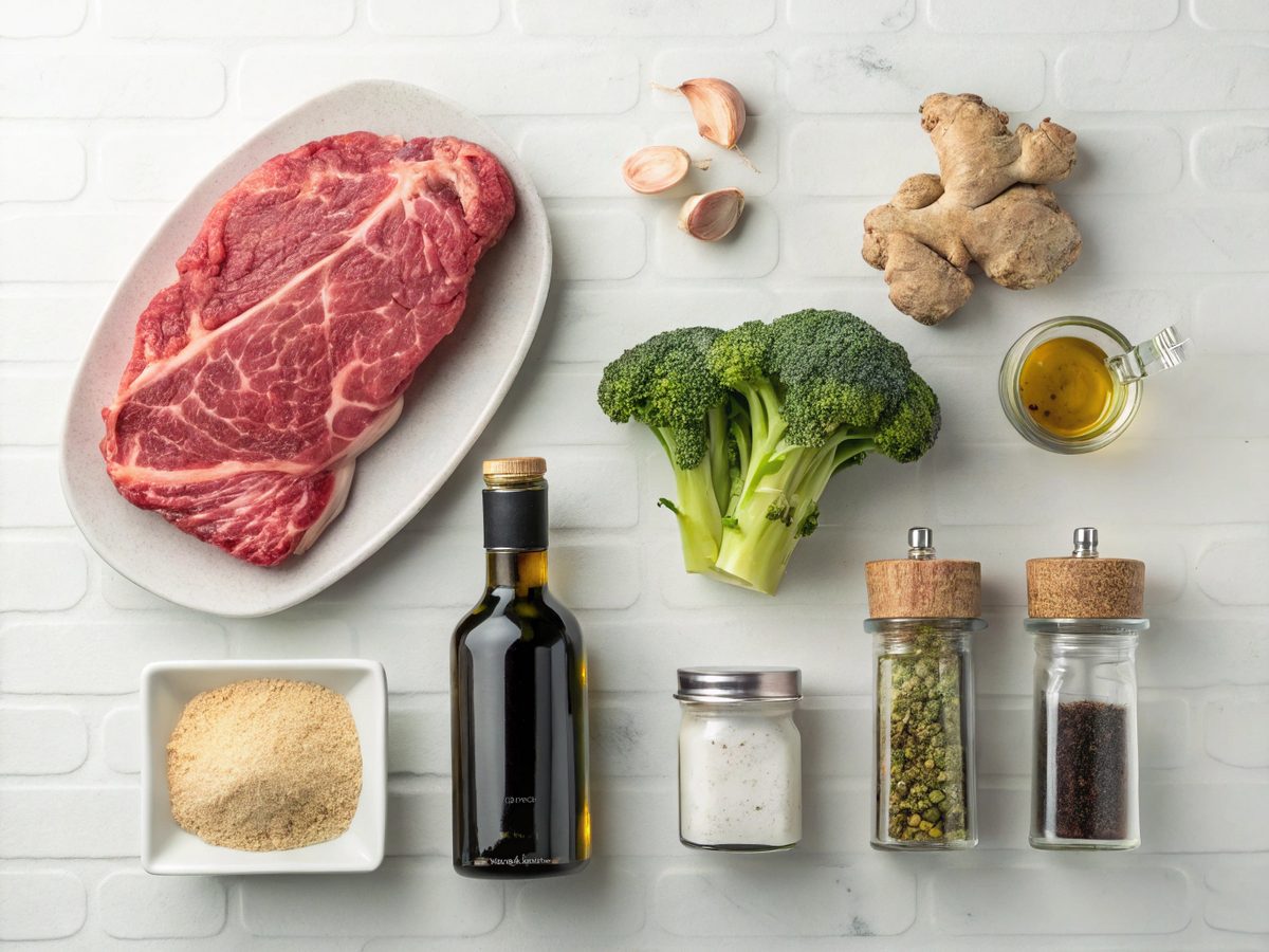Visual layout of ingredients for making low-carb beef broccoli skillet.