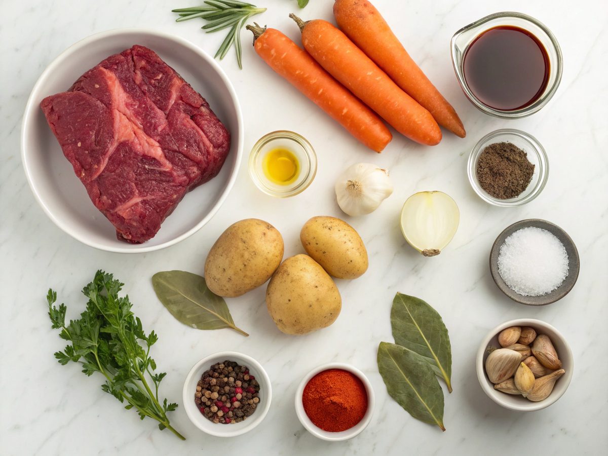 Visual representation of the ingredients needed for the old-fashioned beef stew recipe