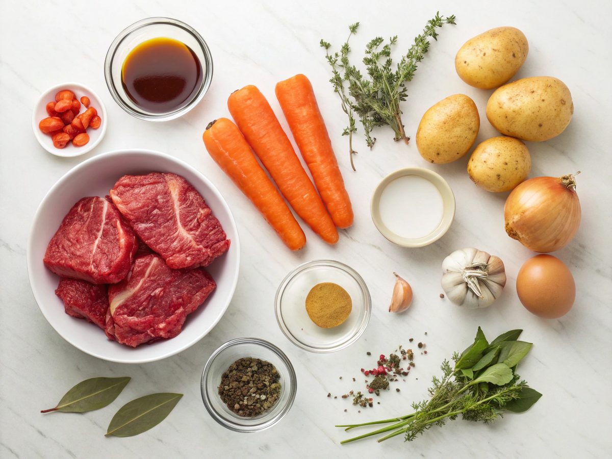 Visual display of ingredients for Pioneer Woman Crock Pot Beef Stew