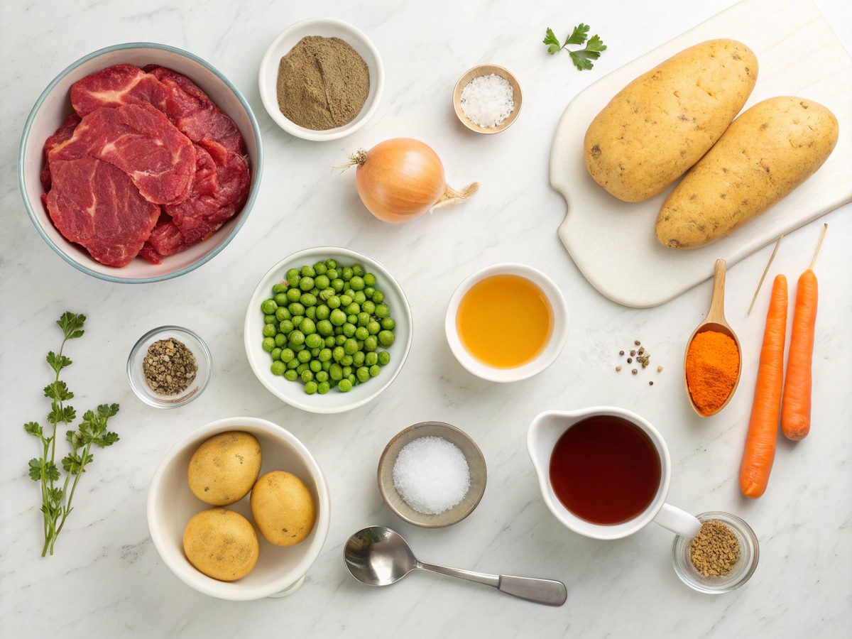 Image showing ingredients for Rustic Old Fashioned Beef Stew laid out on a countertop.