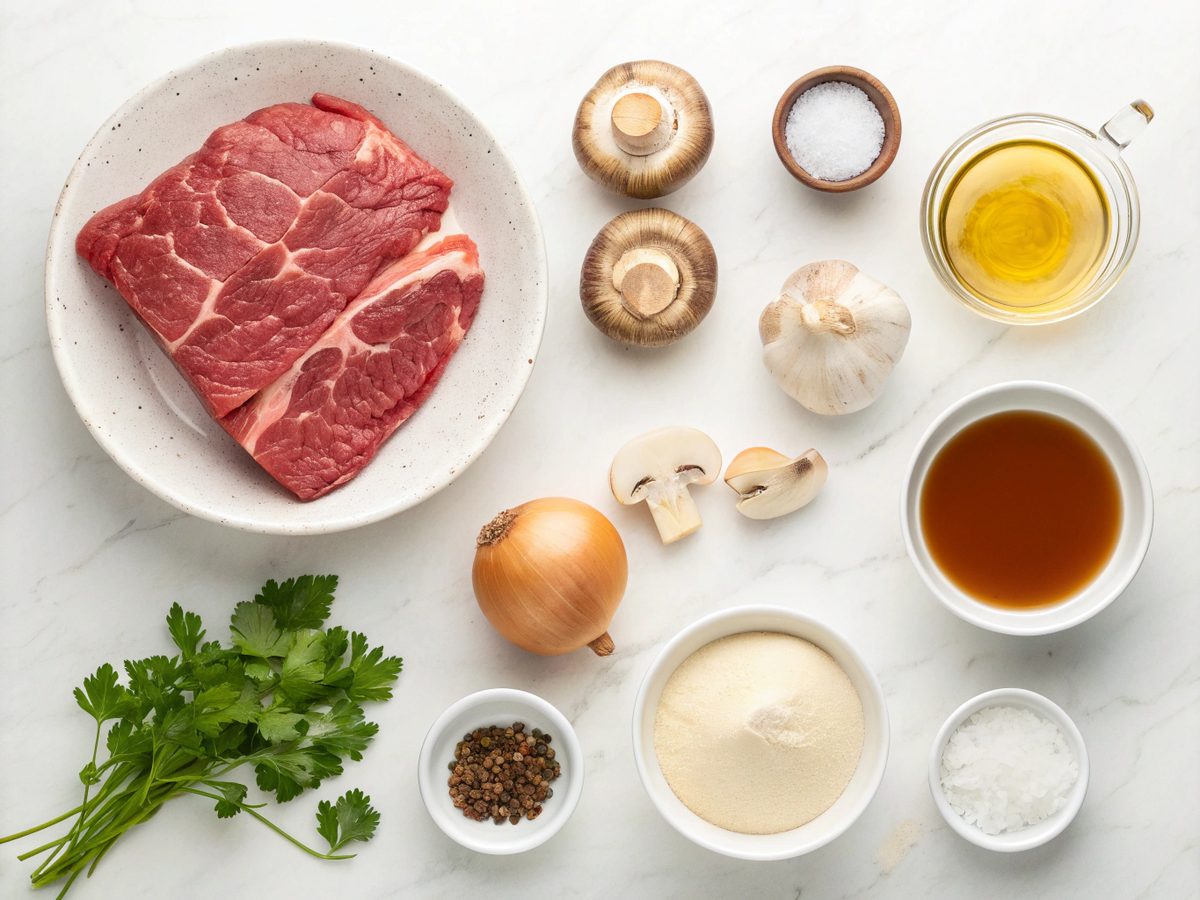 Flat lay of ingredients for shredded beef stroganoff