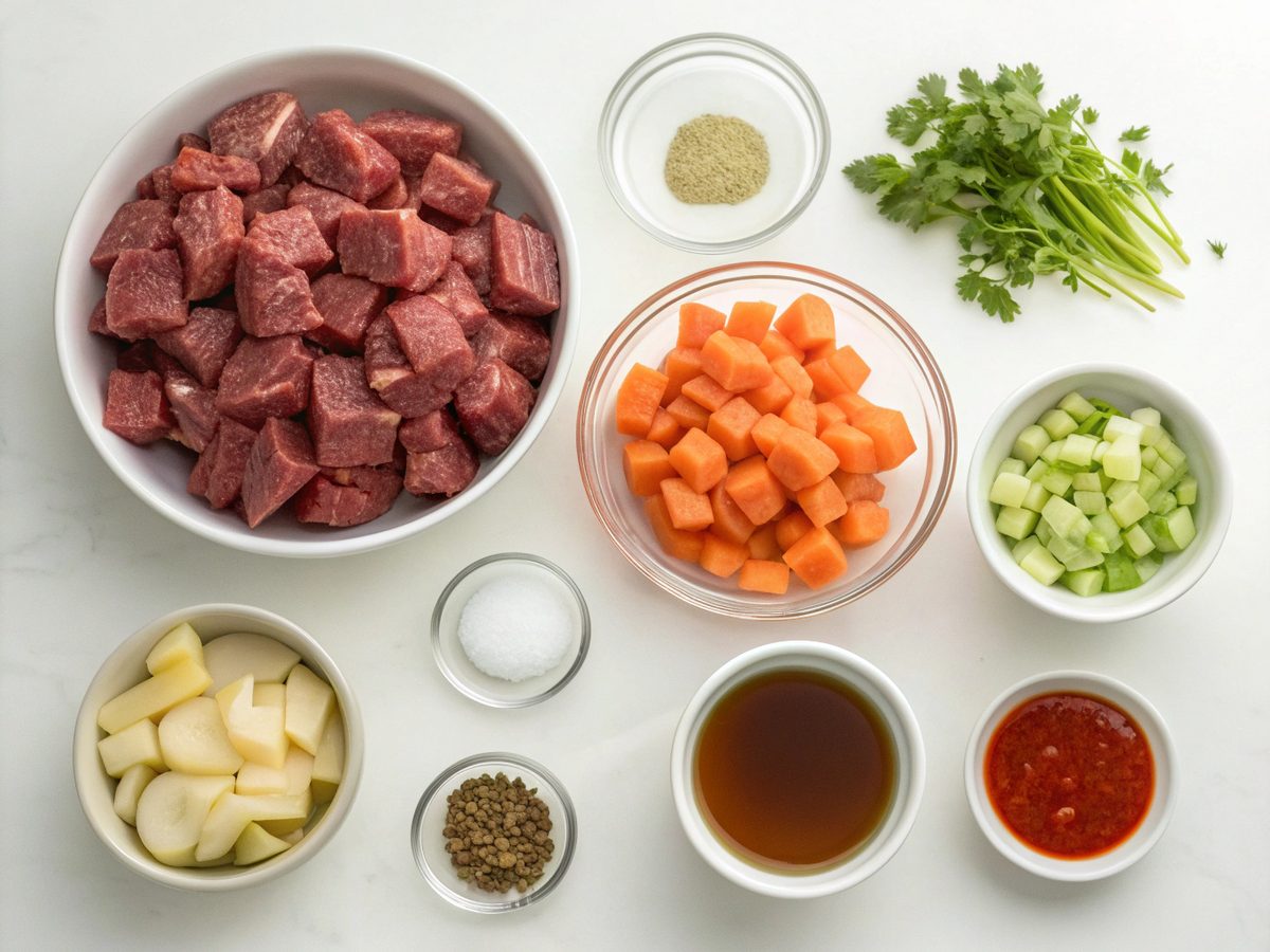 All ingredients needed for Slow Cooker Beef Stew displayed on a countertop.