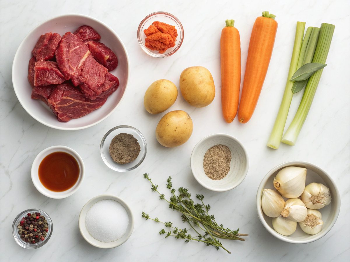 Visual representation of ingredients for slow cooker beef stew.