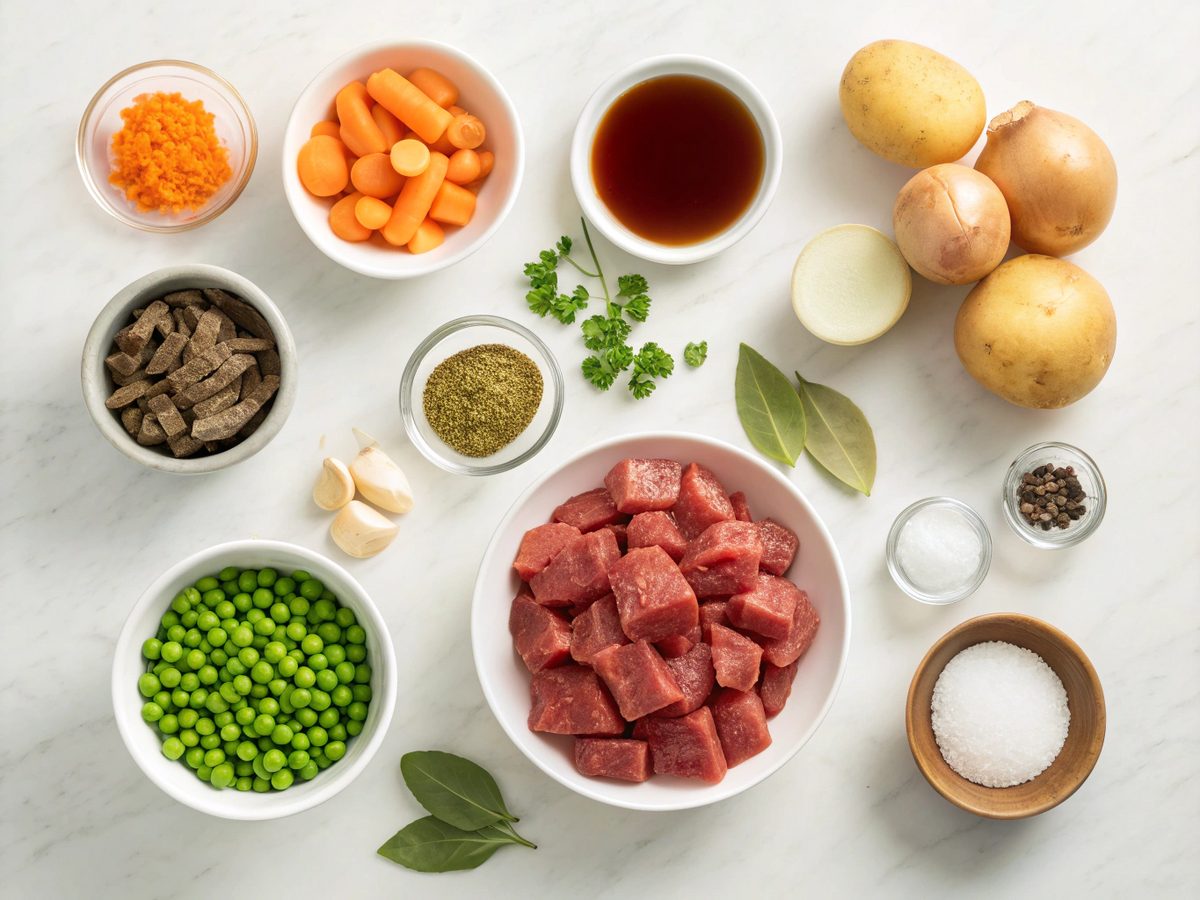 Image displaying the ingredients for making slow cooker Irish beef stew.