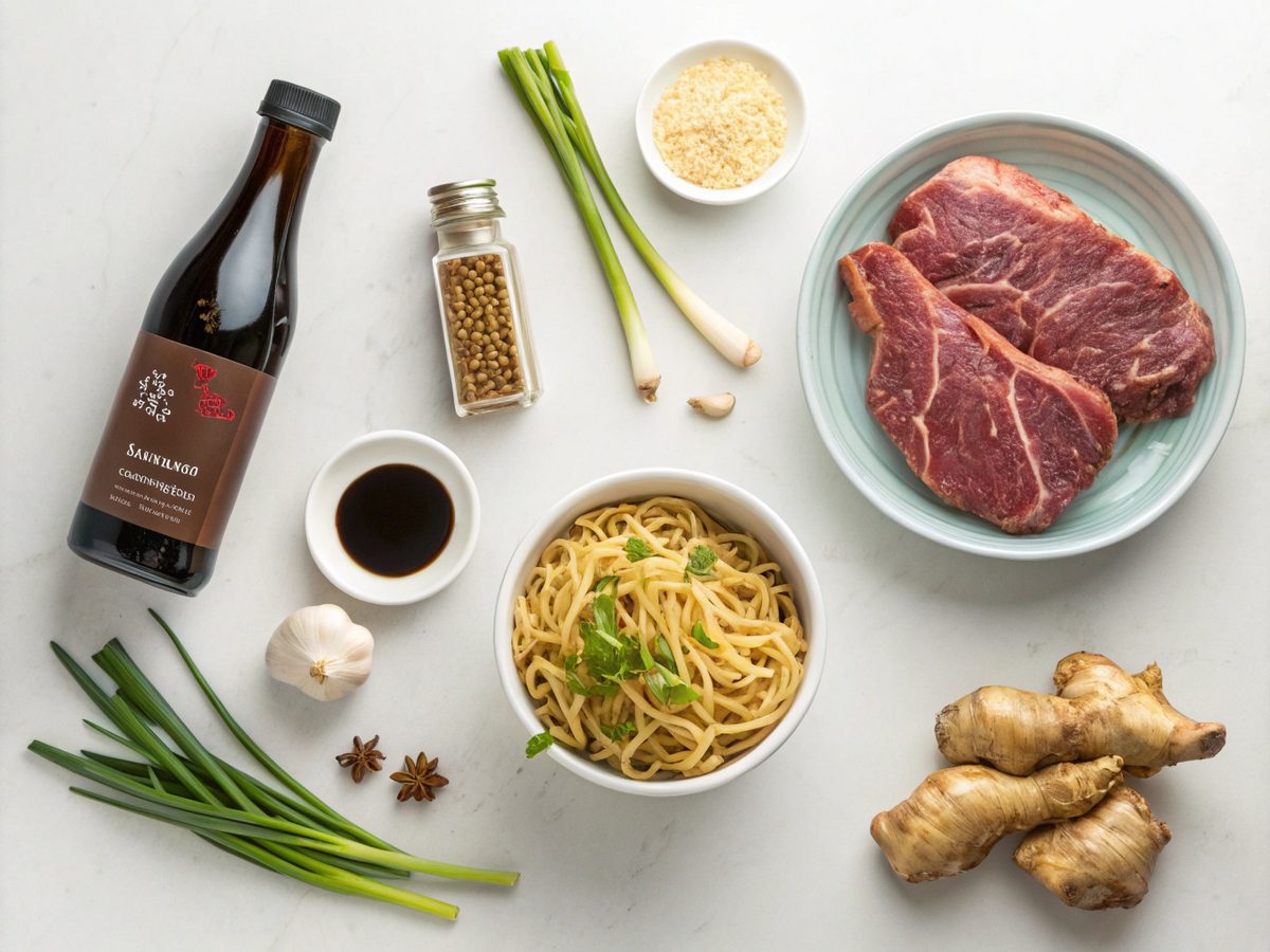 Various ingredients for making slow cooker Korean beef noodles.