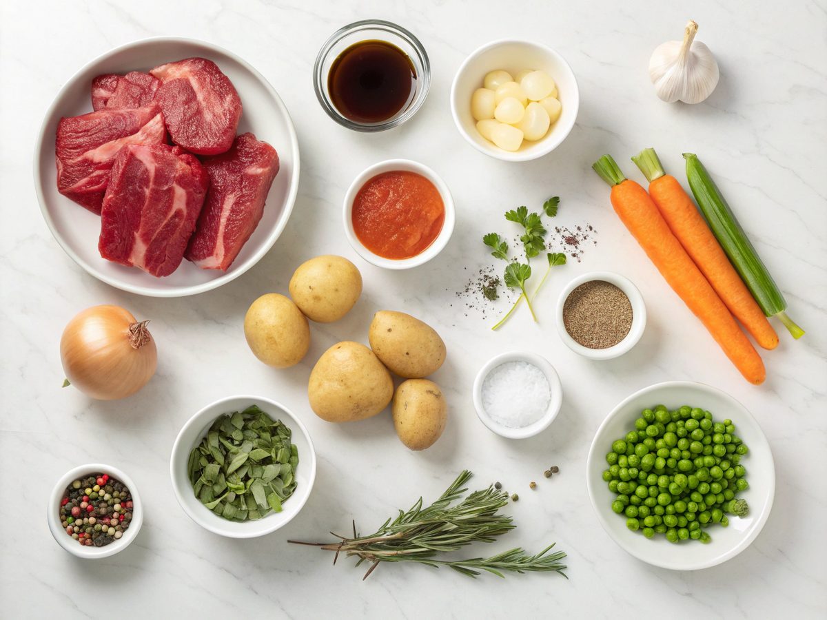 A rich display of fresh ingredients for the veggie beef stew crockpot.