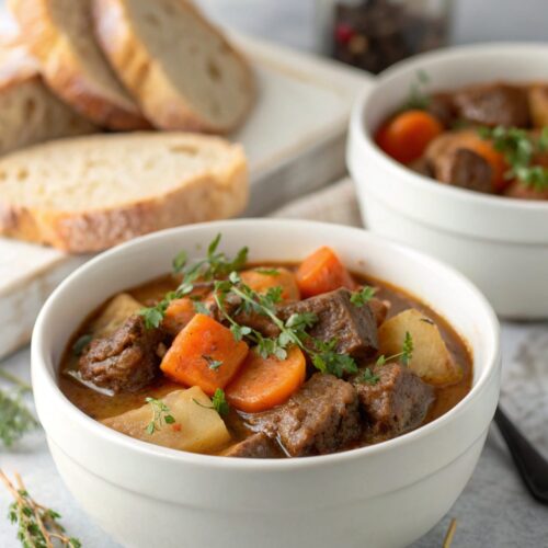 Bowl of savory crockpot beef stew ready to enjoy.
