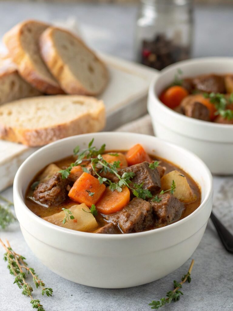 Bowl of savory crockpot beef stew ready to enjoy.