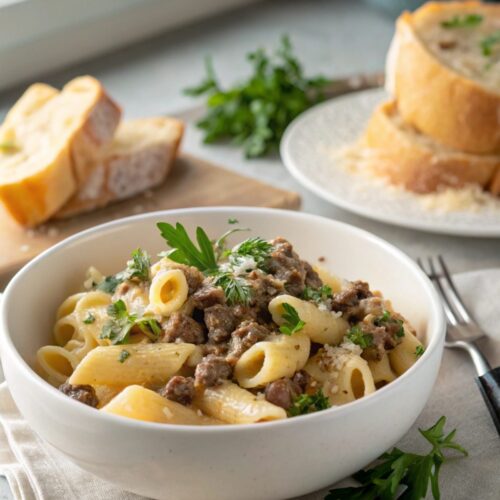 Featured image of creamy beef pasta served in a white bowl